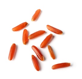 Photo of Uncooked brown rice on white background, closeup view
