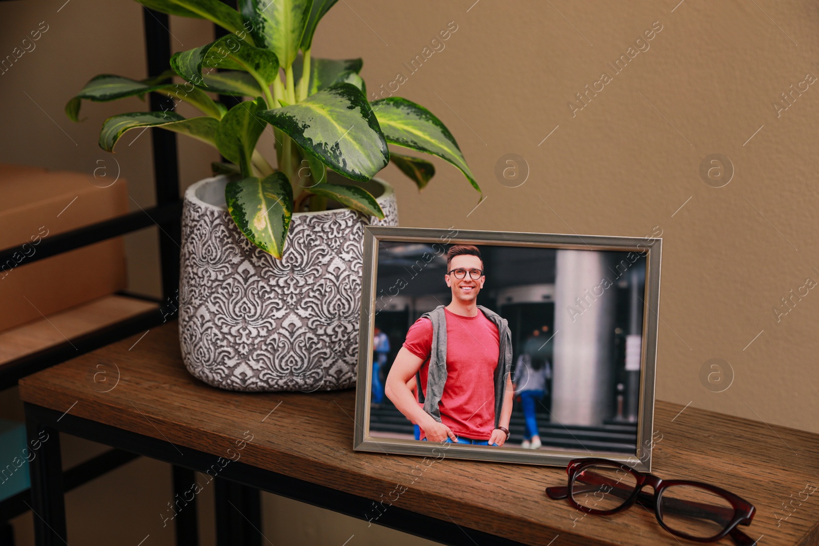 Photo of Framed photo of happy young man near beautiful houseplant and glasses on wooden shelf indoors