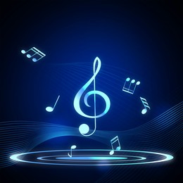 Music notes and treble clef on dark blue background, illustration