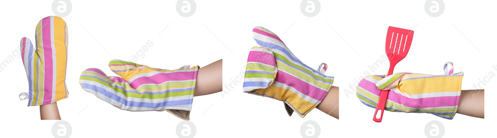 Image of Closeup view of chefs in oven gloves, collage. Banner design
