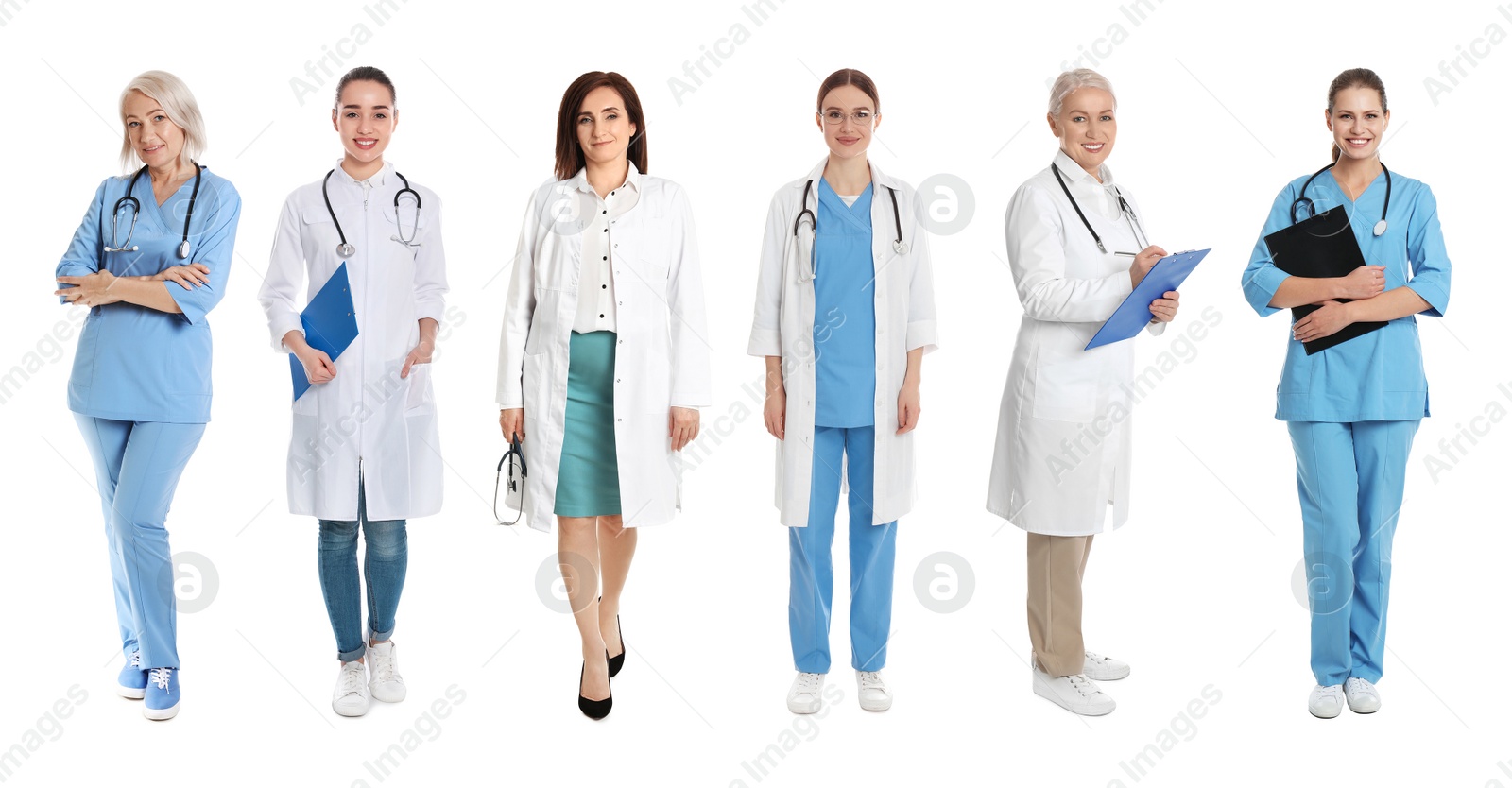 Image of Collage with photos of doctors on white background. Banner design