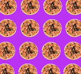 Image of Seafood pizza pattern design on violet background