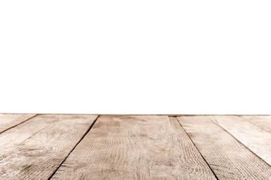 Photo of Empty wooden table surface on white background