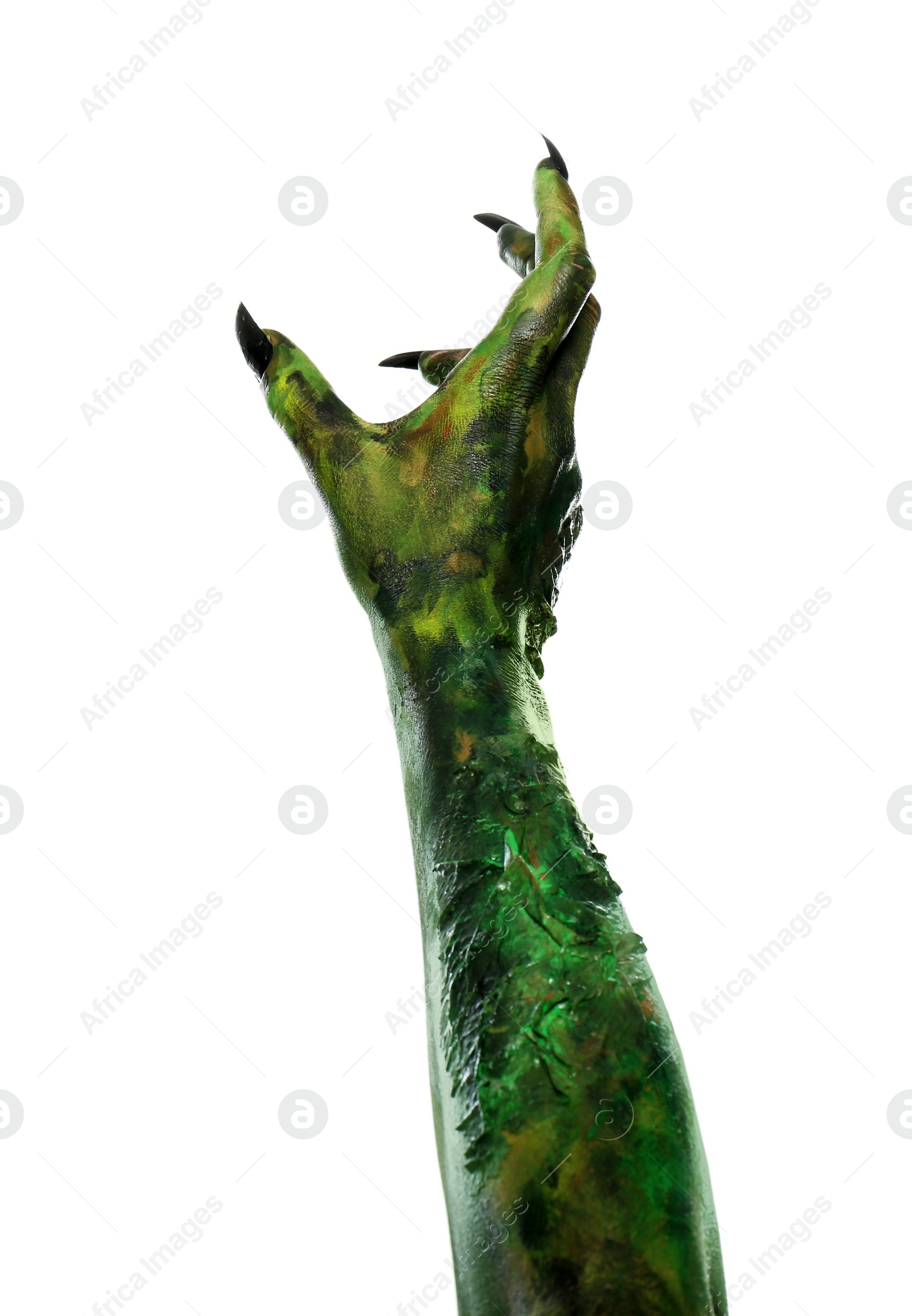 Photo of Scary monster on white background, closeup of hand. Halloween character