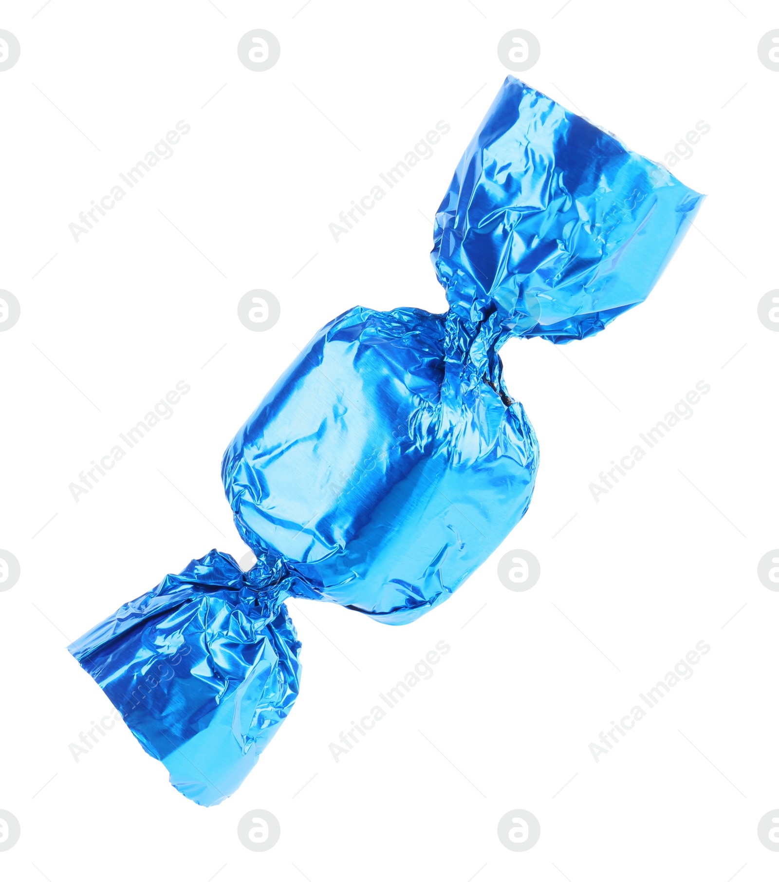 Photo of Tasty candy in light blue wrapper isolated on white