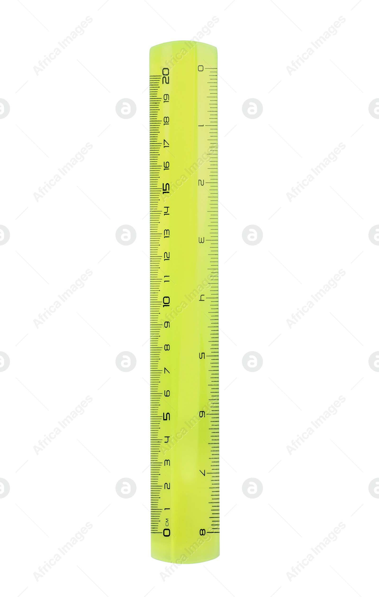 Photo of Colorful plastic ruler isolated on white, top view. School stationery