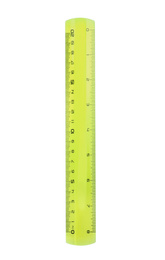 Photo of Colorful plastic ruler isolated on white, top view. School stationery