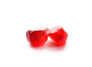 Photo of Pomegranate seeds on white background. Delicious fruit