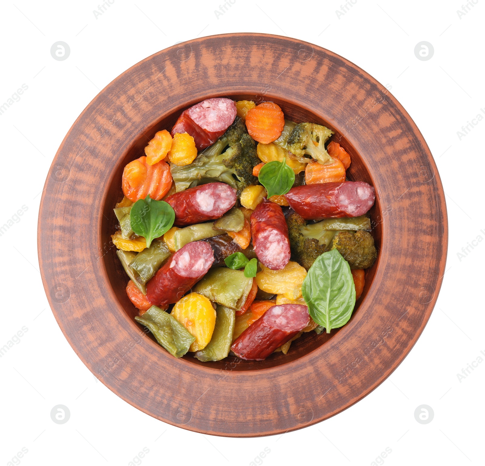Photo of Delicious sausage and baked vegetables isolated on white, top view
