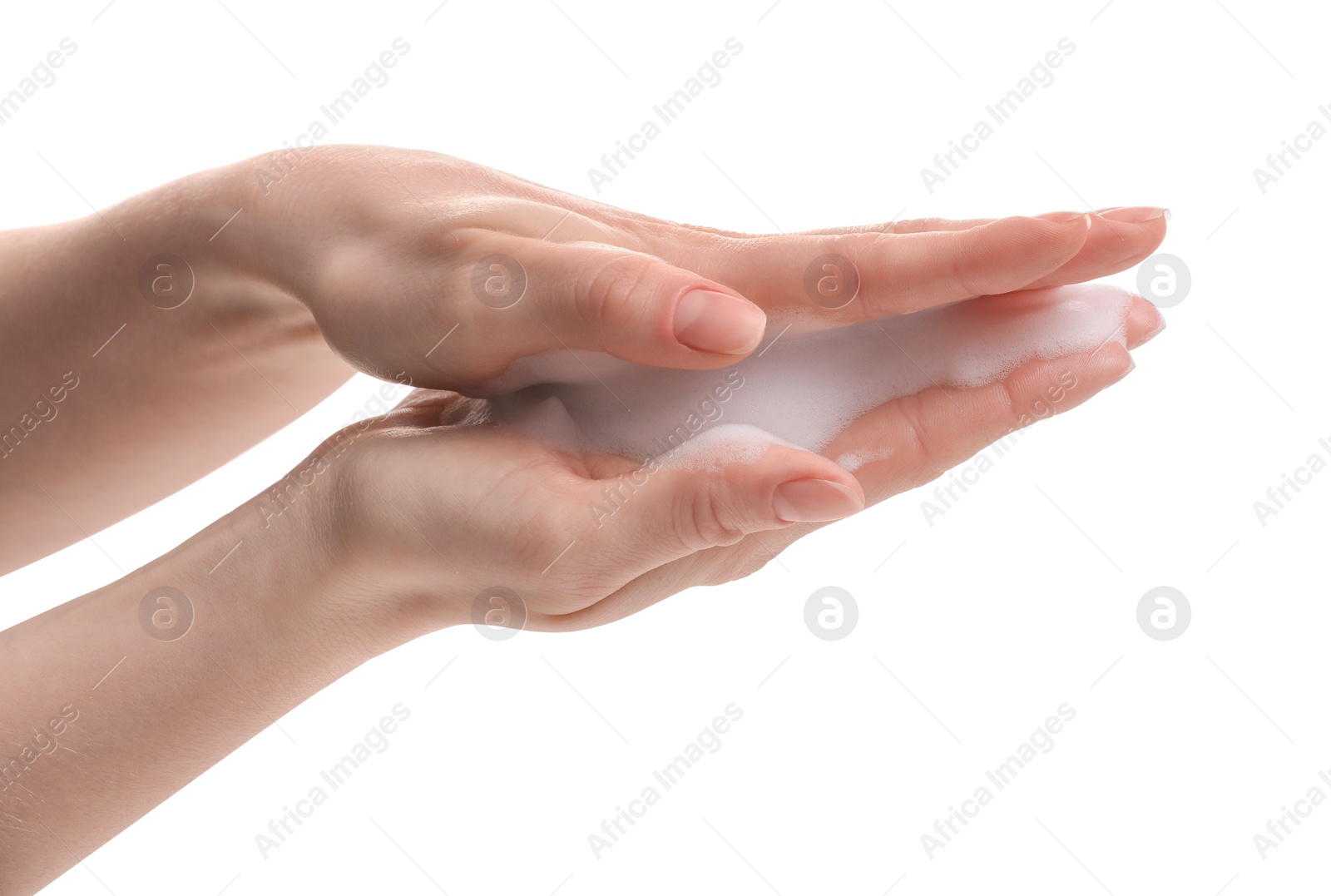 Photo of Woman with bath foam on white background, closeup