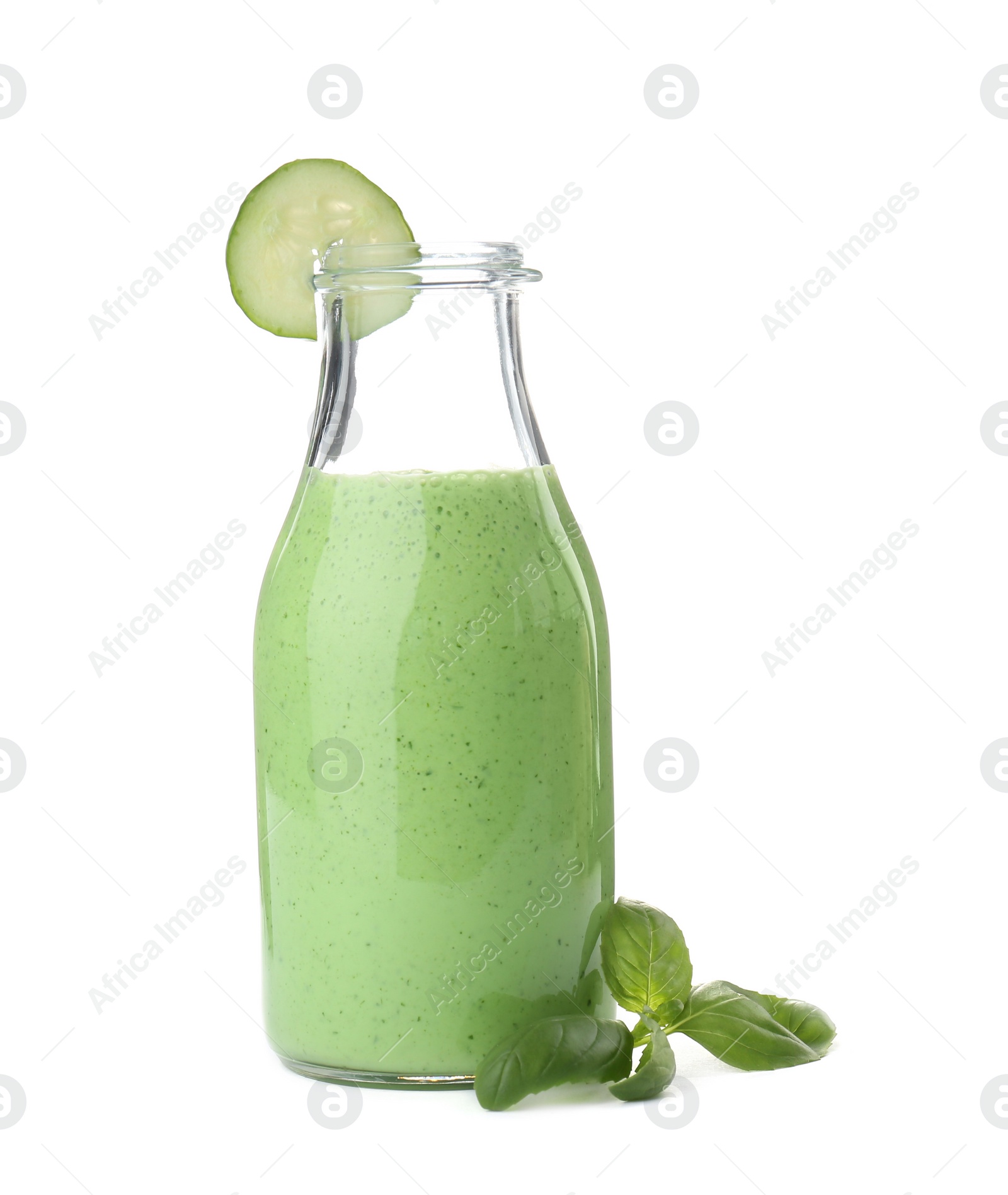 Photo of Bottle with healthy detox smoothie on white background