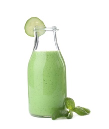 Photo of Bottle with healthy detox smoothie on white background