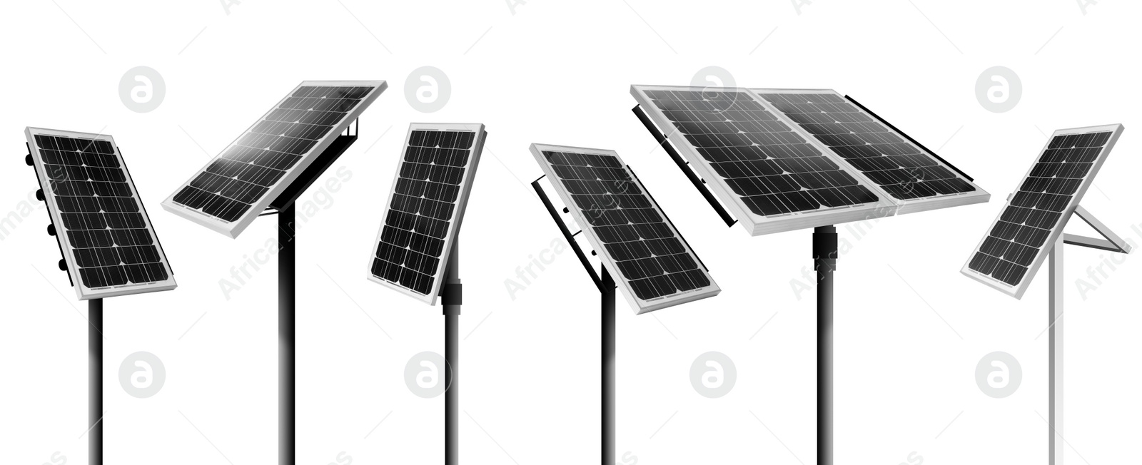 Image of Set with different solar panels on white background, banner design. Alternative energy source 