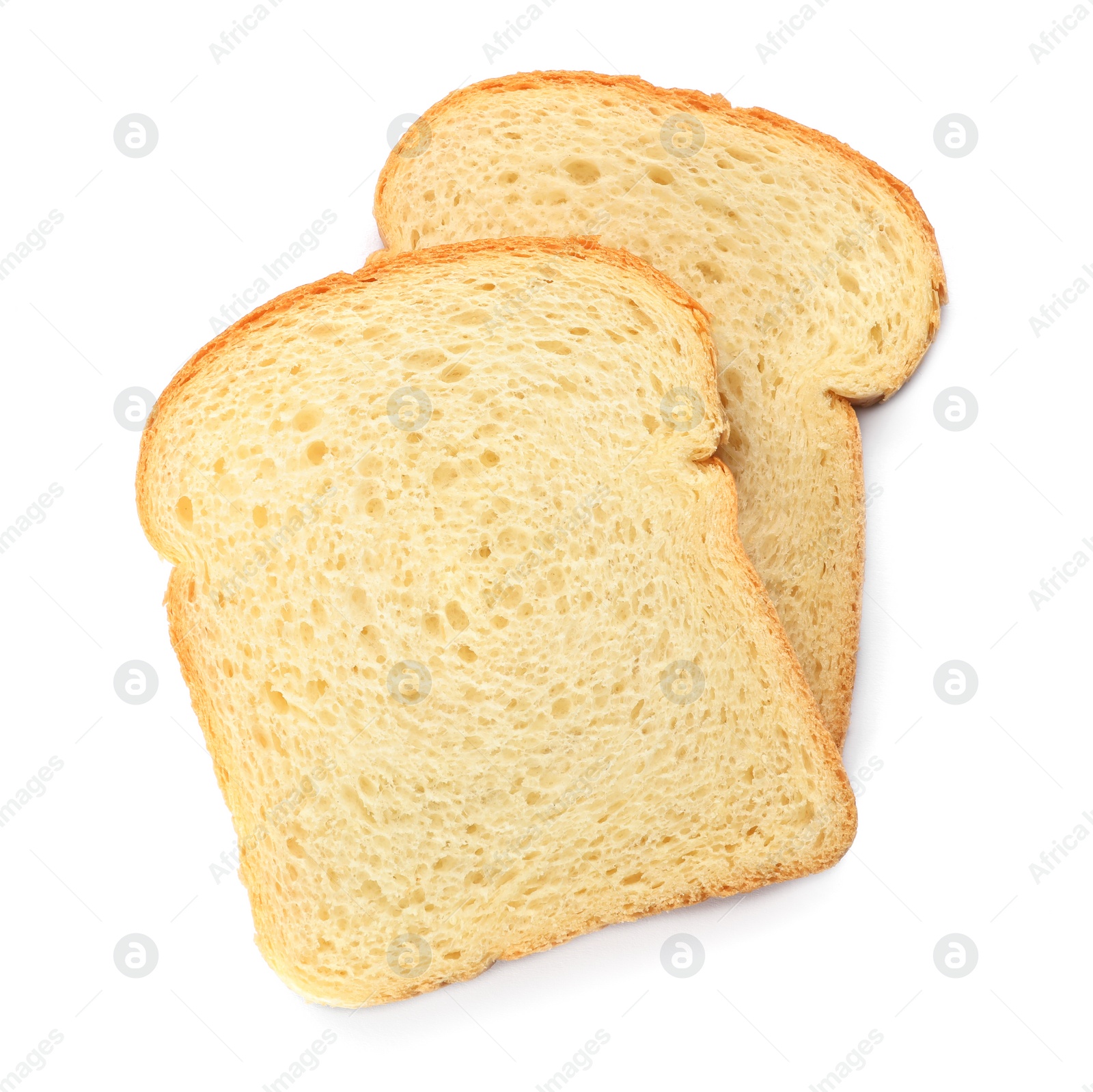 Photo of Slices of wheat bread isolated on white, top view