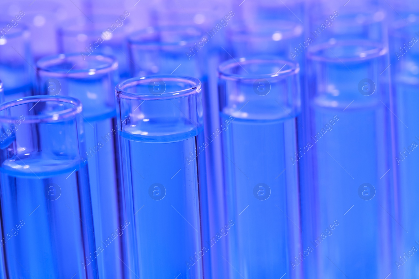 Photo of Test tubes with light reagents, closeup. Laboratory analysis