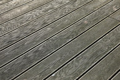 Photo of Texture of wooden terrace as background, closeup view