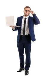 Photo of Happy young businessman holding laptop on white background