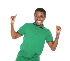 Photo of Young African-American man laughing on white background