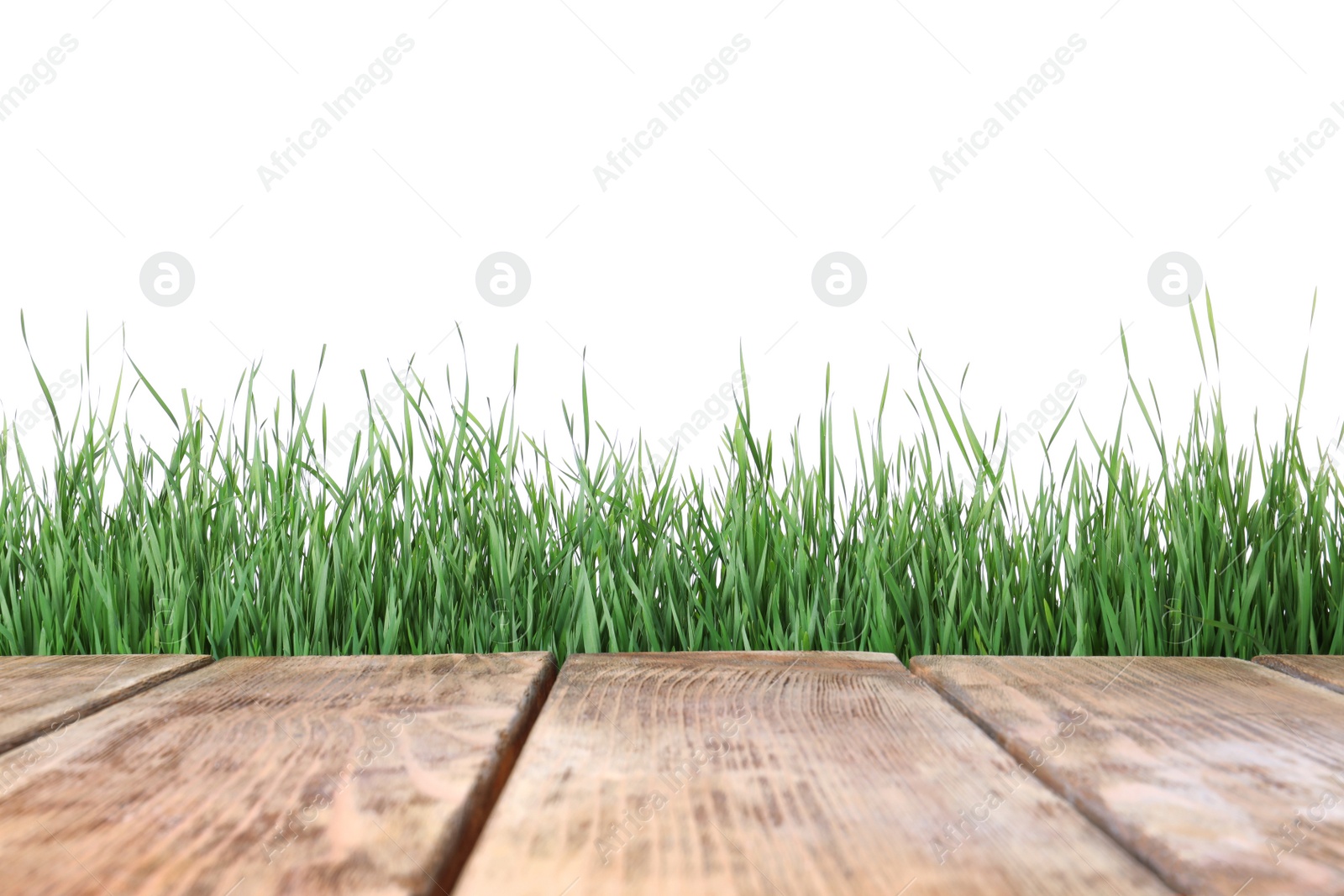 Photo of Wooden deck and green grass isolated on white