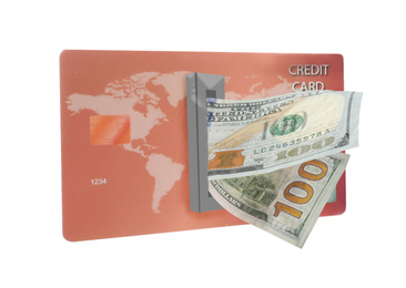 Image of Credit card as piggy bank and money on white background