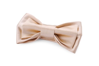 Photo of Stylish beige bow tie on white background