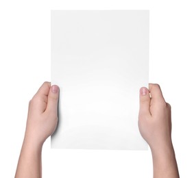Woman holding sheet of paper on white background, closeup. Mockup for design