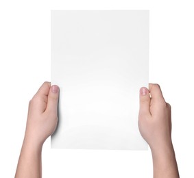 Photo of Woman holding sheet of paper on white background, closeup. Mockup for design