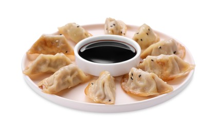 Photo of Delicious gyoza (asian dumplings) and soy sauce isolated on white