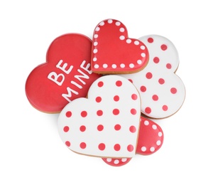 Delicious heart shaped cookies on white background, top view. Valentine's Day