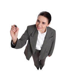 Beautiful businesswoman in suit with marker on white background, above view