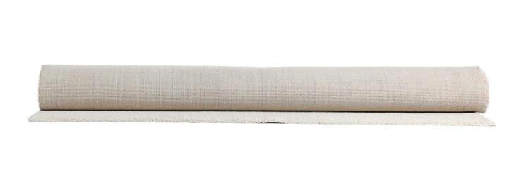 Photo of Rolled soft carpet on white background. Interior element