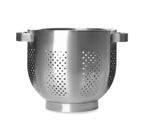 Photo of Modern metal colander isolated on white. Cooking utensil