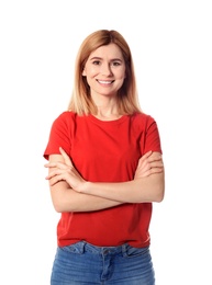 Portrait of beautiful woman posing on white background