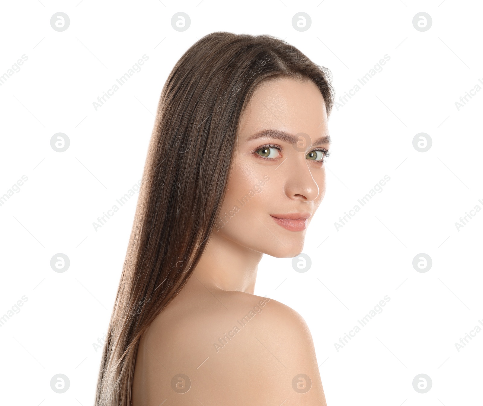 Photo of Portrait of young woman with beautiful face on white background