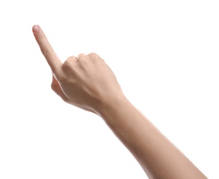 Photo of Woman pointing at something on white background, closeup of hand