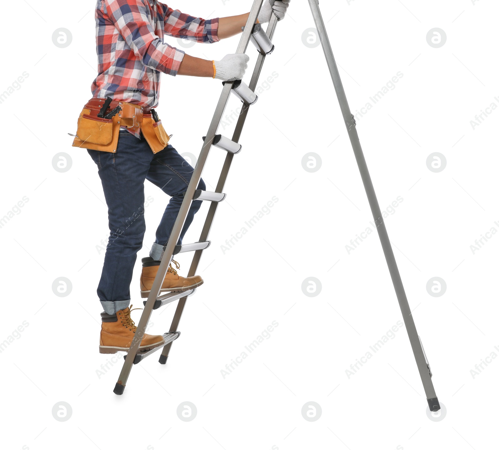 Photo of Professional constructor climbing ladder on white background, closeup