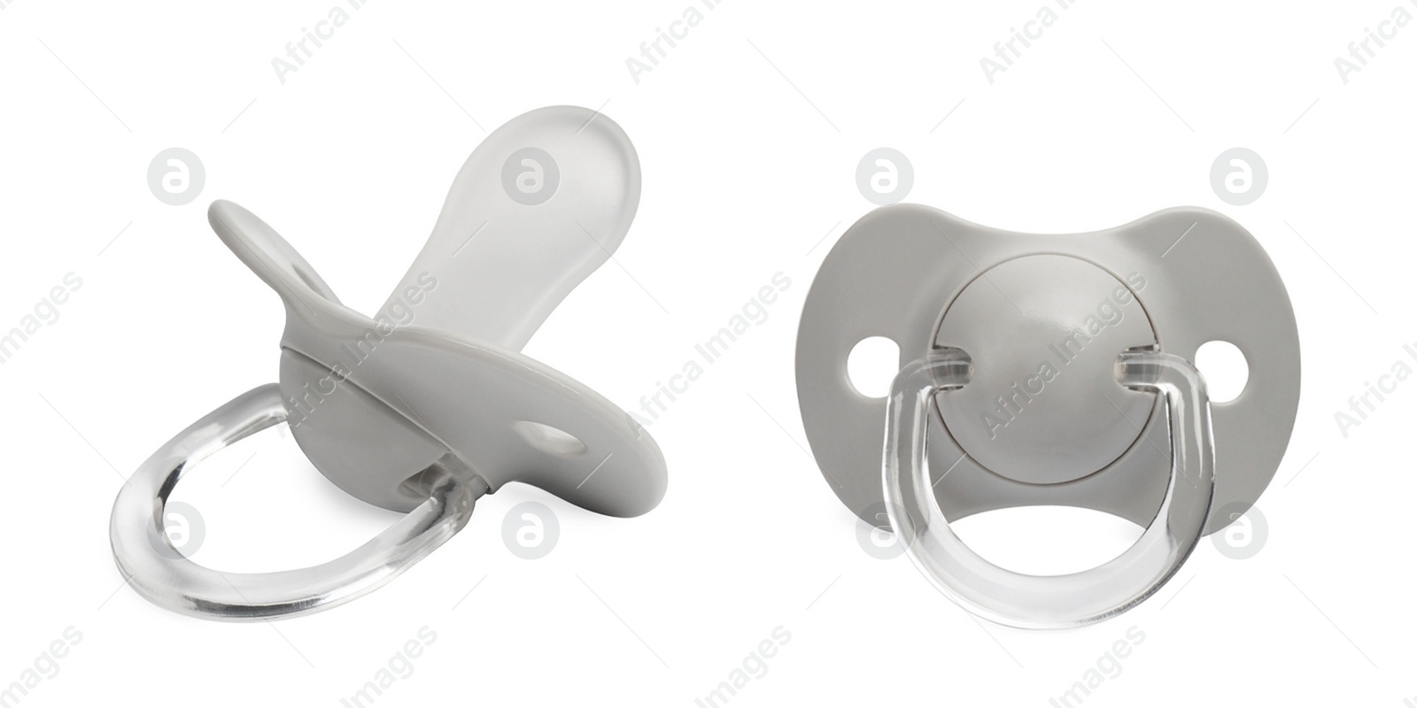 Image of Light grey baby pacifier on white background, views from different sides