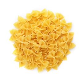 Photo of Uncooked farfalle pasta on white background, top view