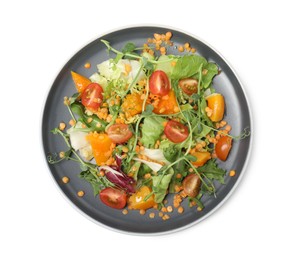 Photo of Plate of delicious salad with lentils and vegetables isolated on white, top view