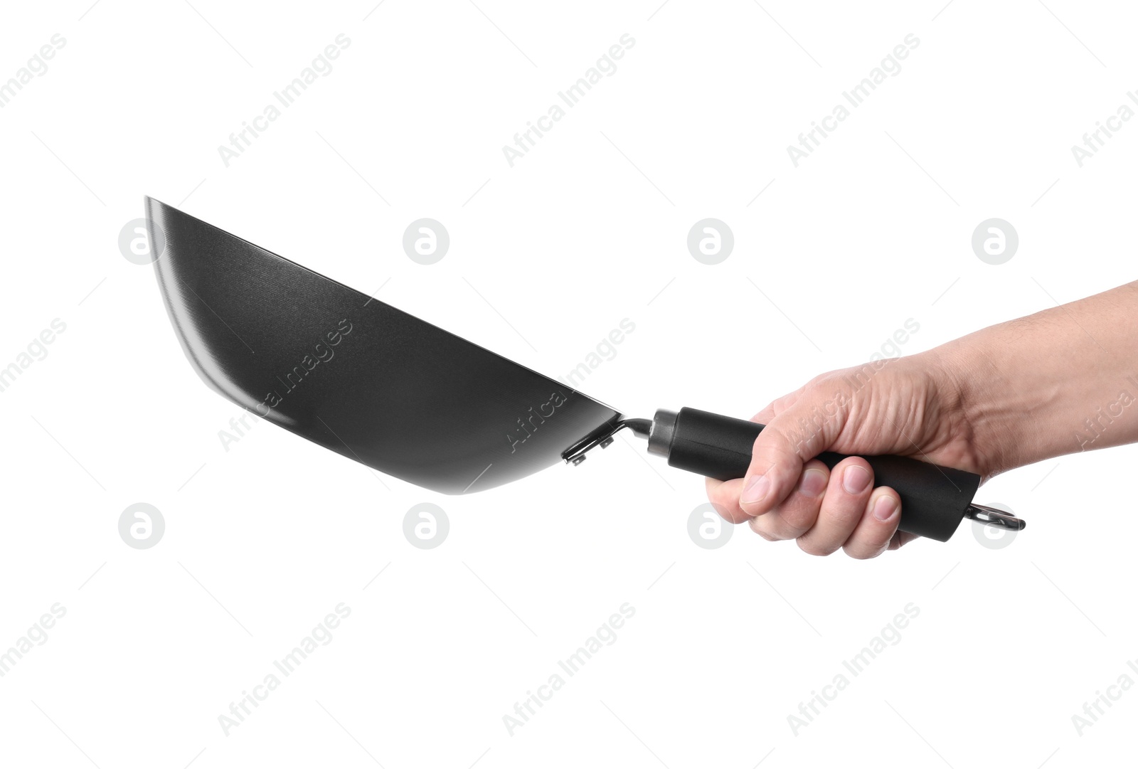 Photo of Man holding empty metal wok on white background, closeup