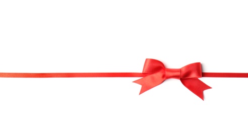 Red ribbon with bow on white background. Festive decoration