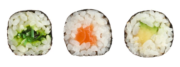Image of Set of delicious sushi rolls with salmon, chuka and avocado on white background