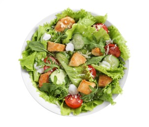 Photo of Delicious salad with chicken and vegetables in bowl isolated on white, top view