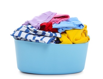 Photo of Laundry basket with dirty clothes on white background
