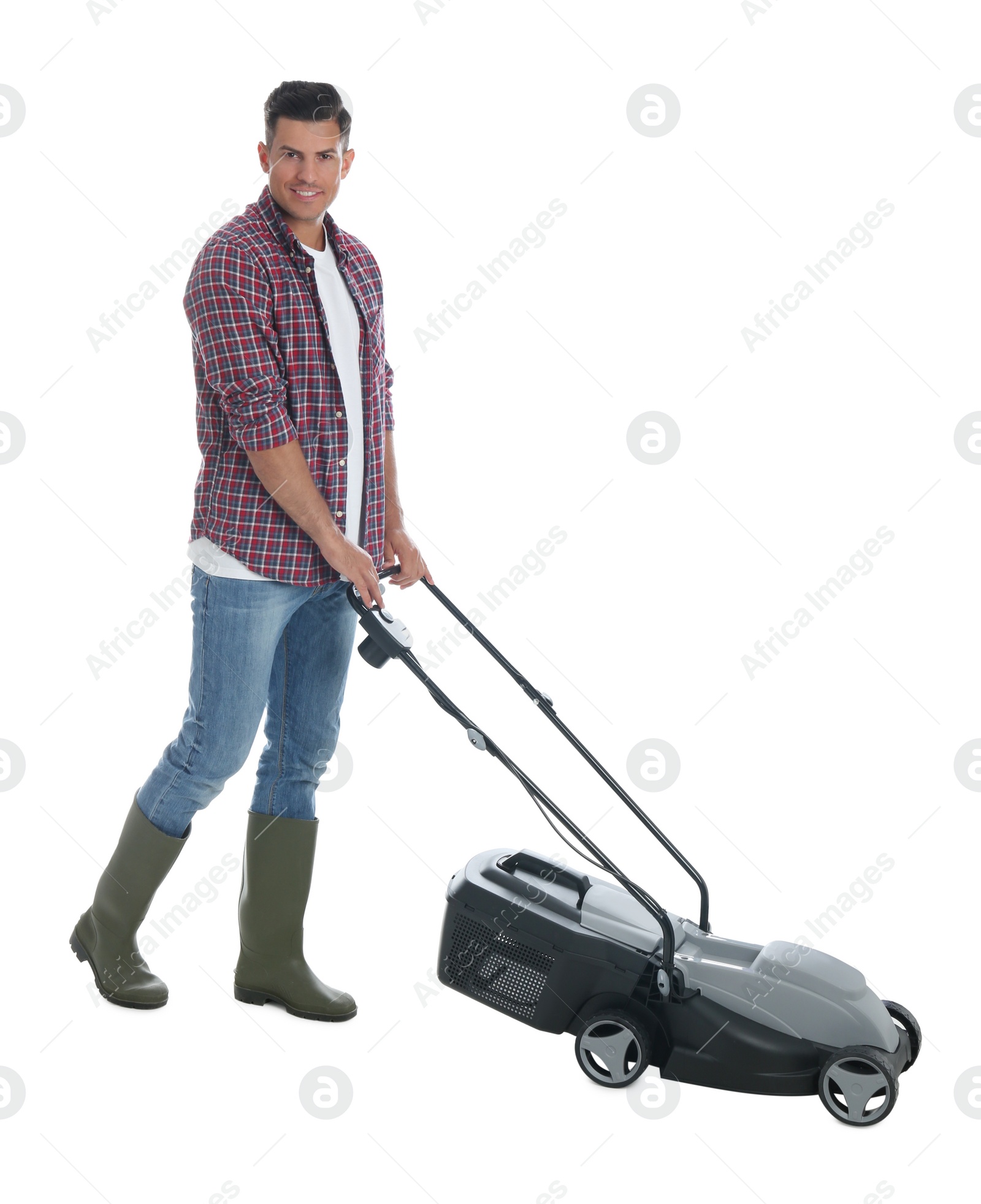 Photo of Man with modern lawn mower on white background