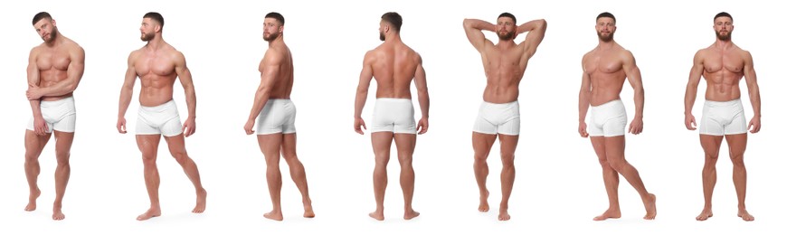 Handsome man in stylish underwear on white background, set of photos