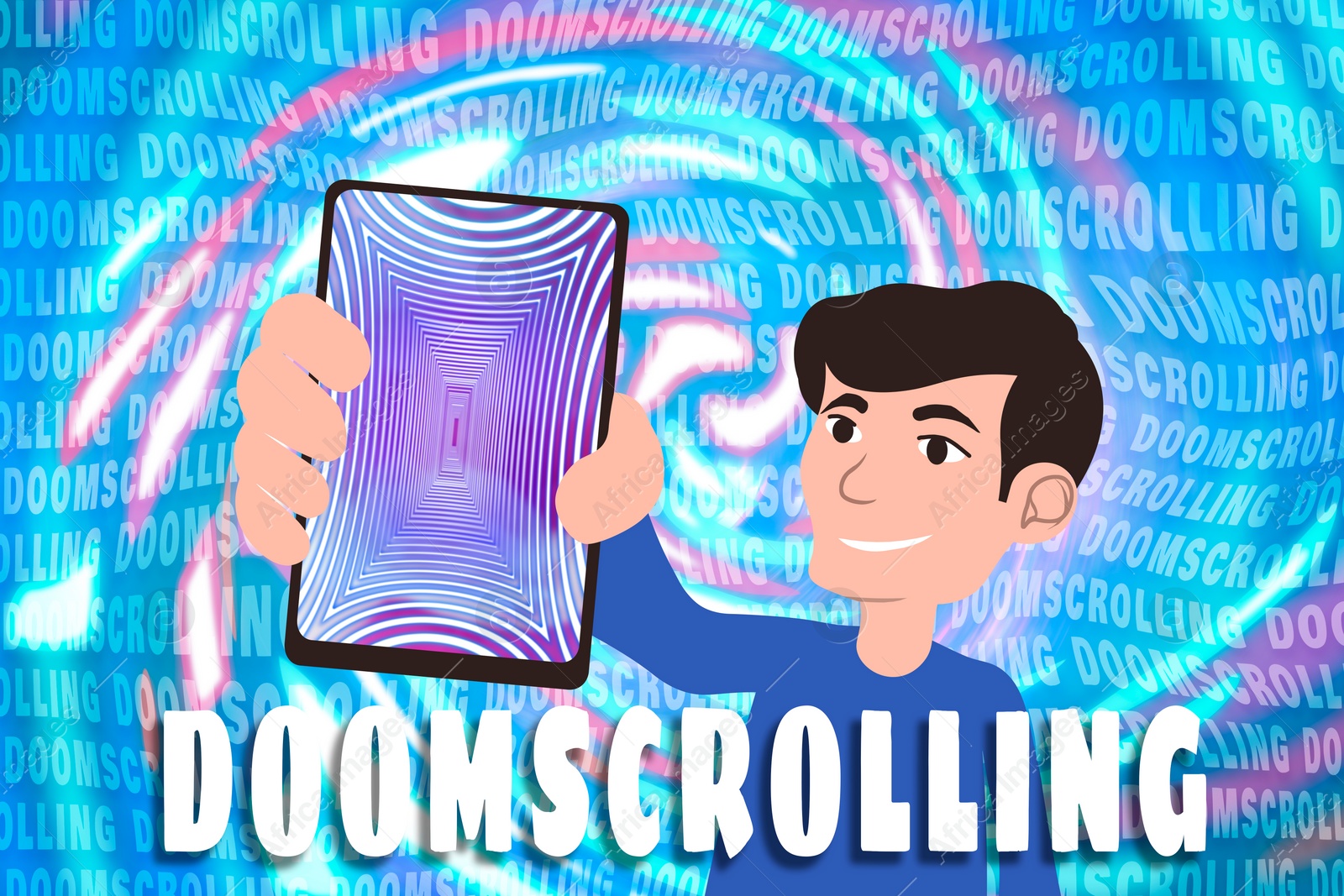 Illustration of Doomscrolling concept. Man showing mobile phone with hypnotic geometric pattern on screen against bright background, illustration