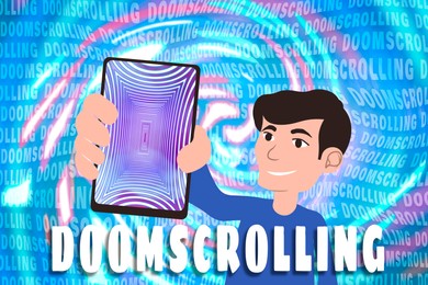 Illustration of Doomscrolling concept. Man showing mobile phone with hypnotic geometric pattern on screen against bright background, illustration