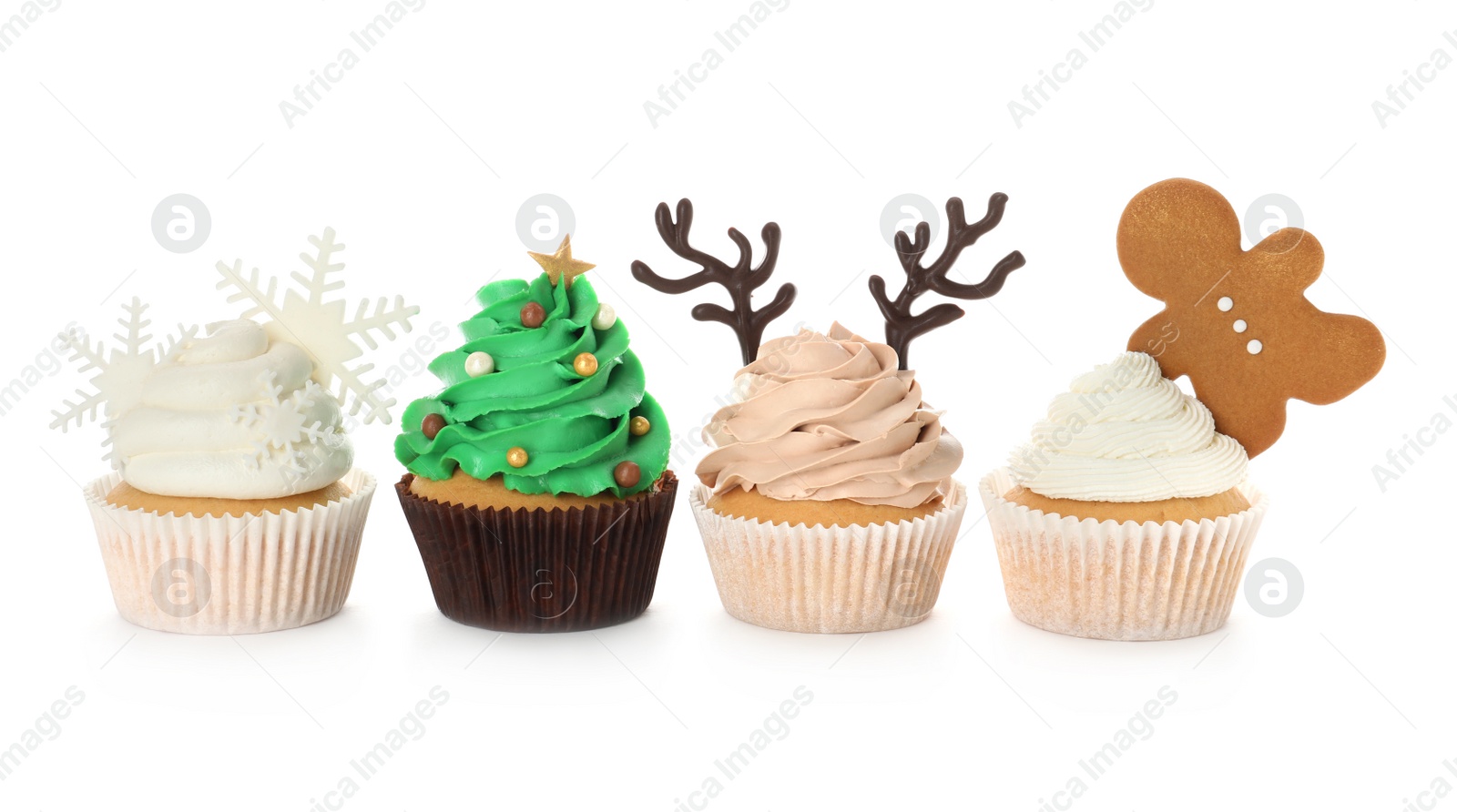 Photo of Different beautiful Christmas cupcakes on white background