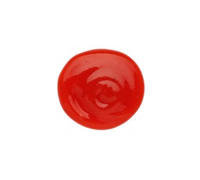 Photo of Tasty ketchup isolated on white, top view. Tomato sauce